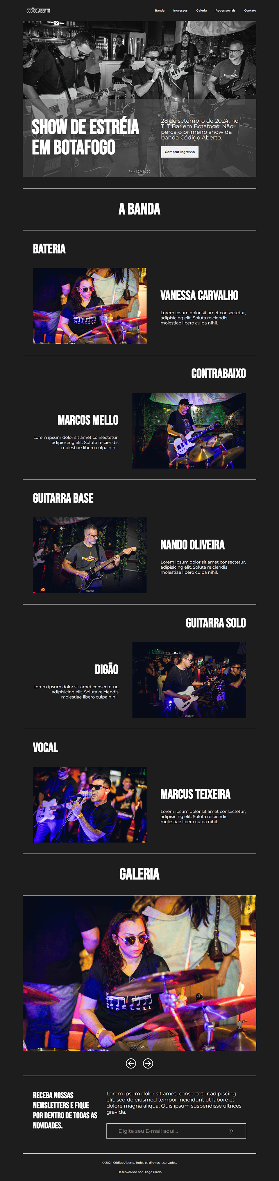 Imagem da Landing Page da Banda Código Aberto. Um projeto criado pelo Web Designer Diego Prado