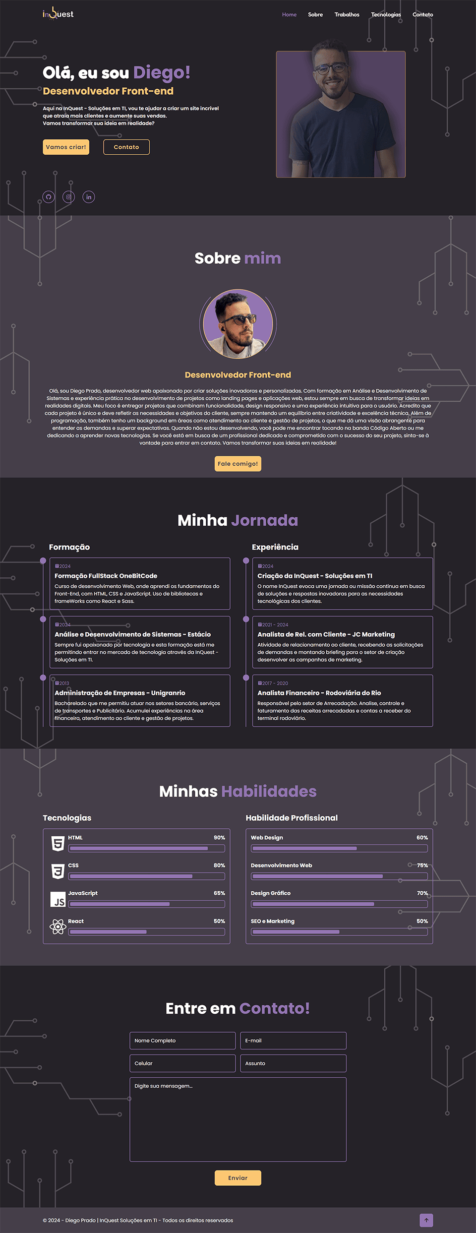 imagem da Landing Page pessoal do Diego Prado, web designer responsável pela InQuest